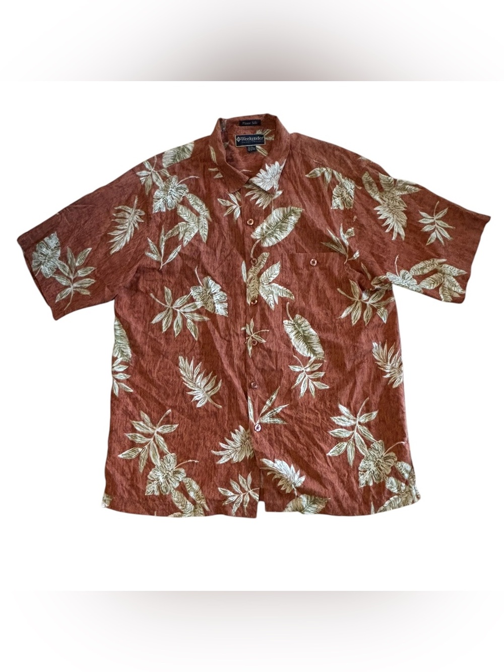 Weekender Men’s Finest Silk Hawaiian Palm Shirt Large Leaf Tropical Floral